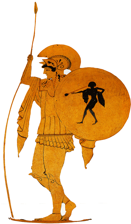 Un hoplite en armes. Il porte une tunique courte, une cuirasse et un manteau drapé. Il est casqué et ses jambes sont protégées par des cnémides. Il tient une lance et un bouclier.