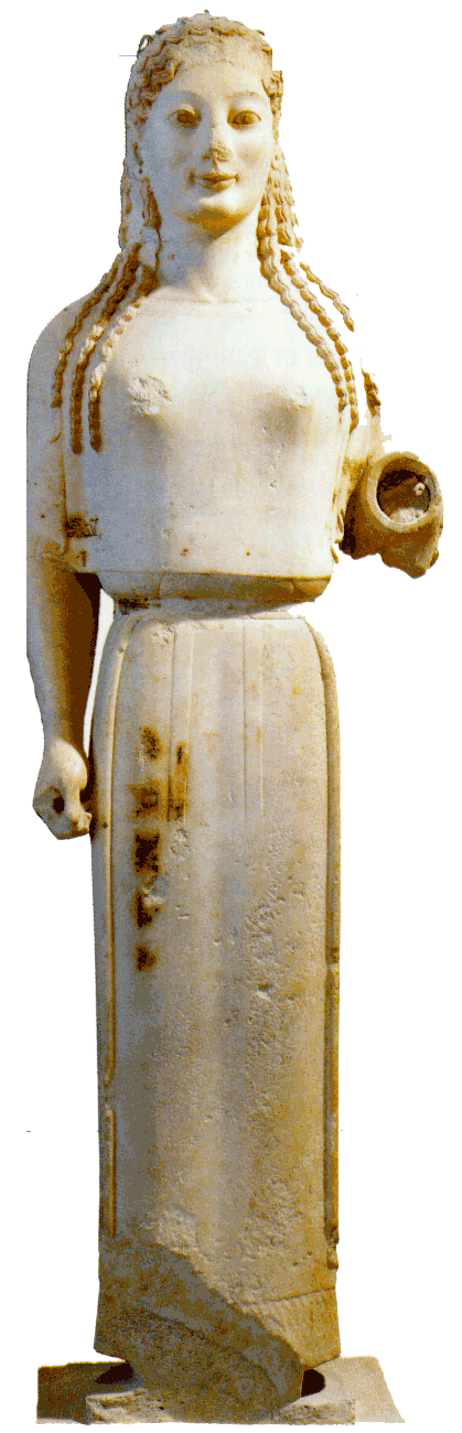 Une des korés trouvées sur l'Acropole d'Athènes. Elles avaient été offertes à Athéna puis inhumées dans une fosse après avoir été profanées par les Perses. La jeune femme est vêtue d'un péplos.